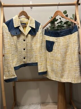 Vintage Dolce & Gabbana Yellow Tweed Jacket & Skirt Set with Dark Denim Trim